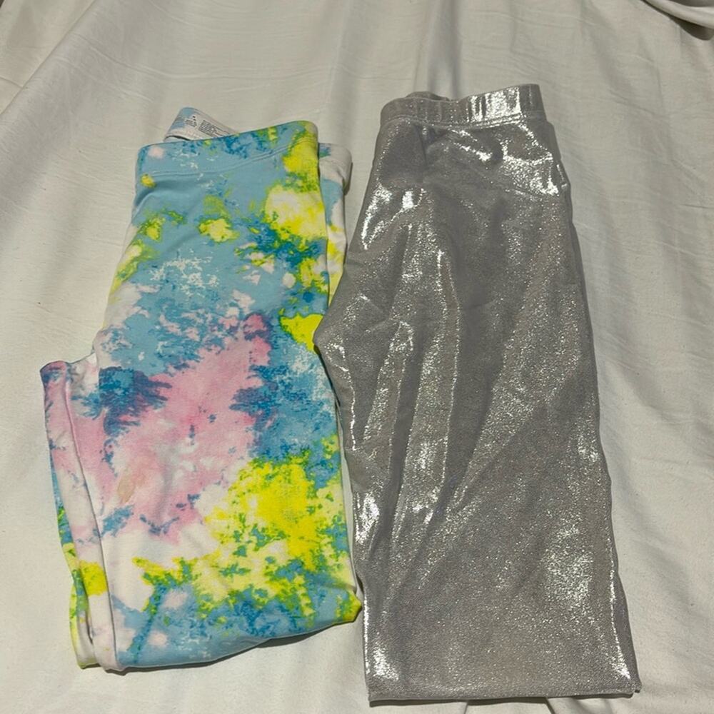 Wonder Nation 7/8 legging bundle silver metallic and yellow blue tie dye euc